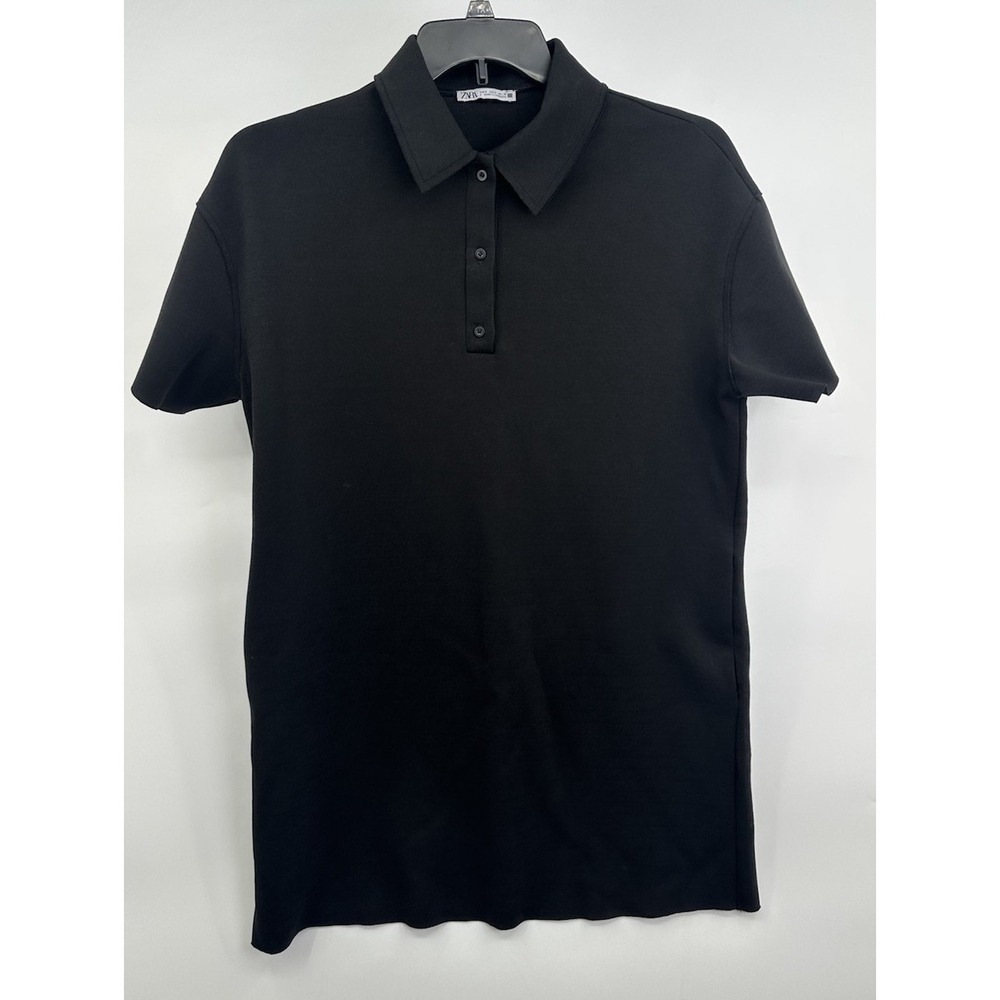 Zara Dress Women's Black Short Sleeve Small Collard 1/3 Buttonâ up Polo Pockets